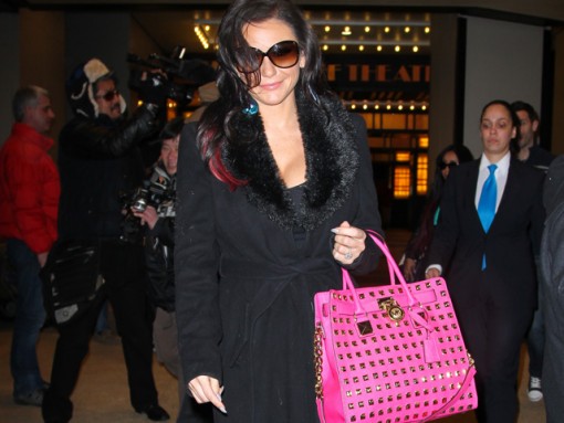 J Woww carries a MICHAEL Michael Kors Hamilton Studded Tote Bag in hot pink outside VH1