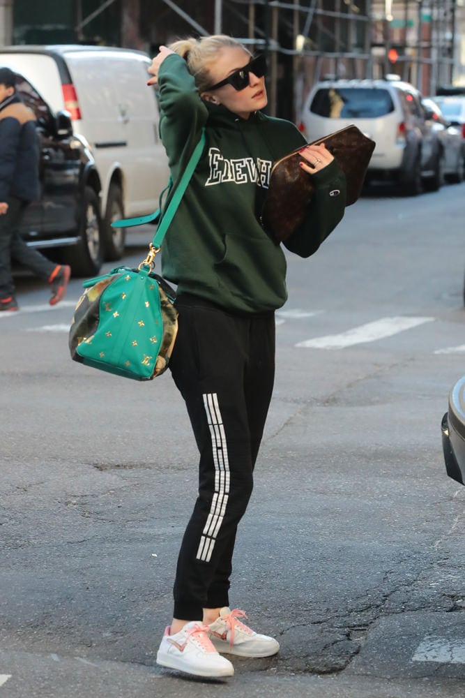 sophie turner louis vuitton house slippers sweatpants nyc