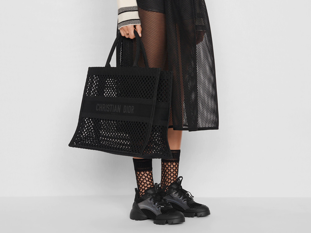 Christian Dior Womens Mens Book Tote Bag Large Black Logo Woven Mesh Canvas