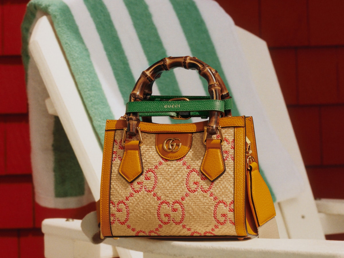 Mini Gucci Blondie tote bag in multicoloured raffia effect