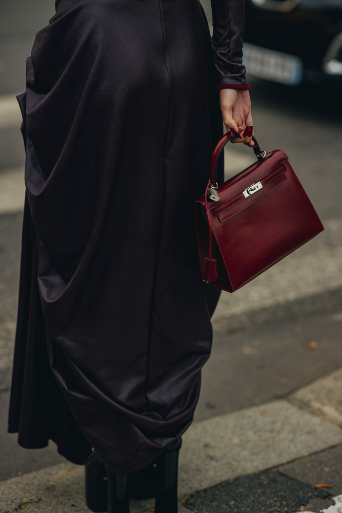 Paris, France - October, 1: Woman Wearing Leather Mini Kelly Handbag from  Hermes, Street Style Outfit. Editorial Photography - Image of logo, label:  261474647
