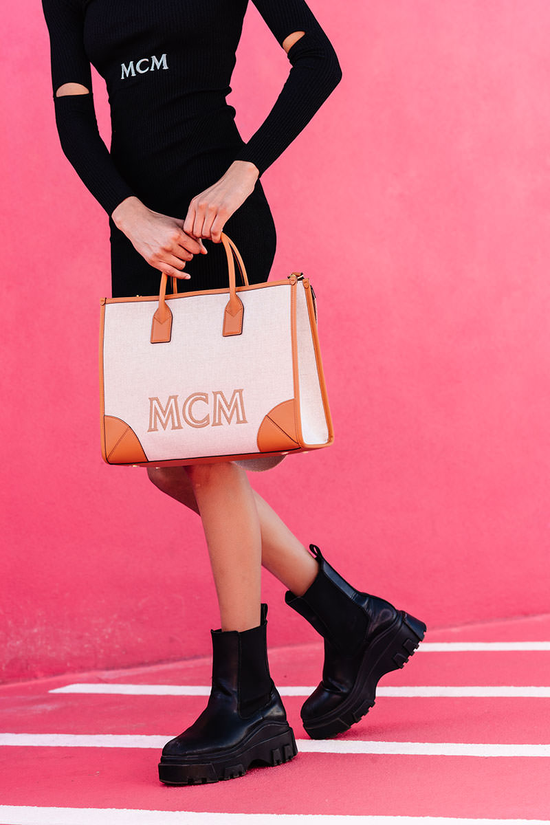 MCM Large Monogram Tote Bag in Black