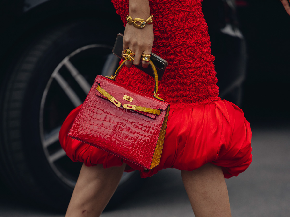 Woman with Hermes, Red Crocodile Bag before Fendi Fashion Show