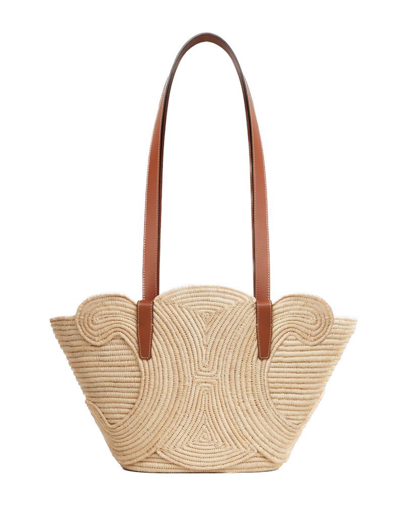 CELINE CLASSIC PANIER SMALL BRAIDED TRIOMPHE IN RAFFIA AND CALFSKIN TAN Background Removed